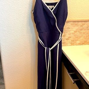 Navy and white trim wrap dress